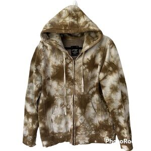 Active brown & tan tie die over sized hoodie zipper front with pockets logo M.